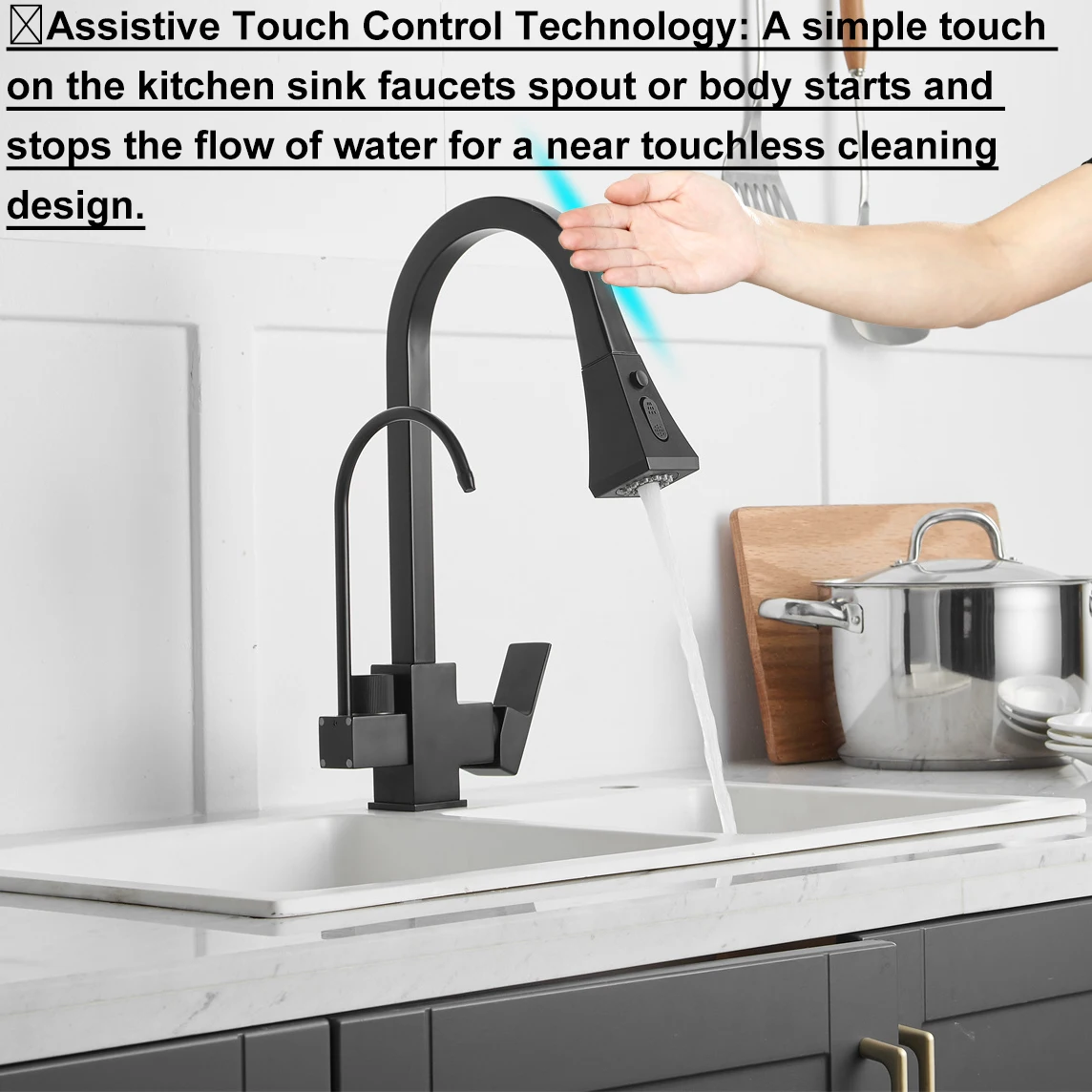 Grifos de cocina con filtro táctil cuadrado, grifo mezclador de fregadero de cocina frío y caliente extraíble, grifo de cocina extraíble con tacto negro de 3 vías
