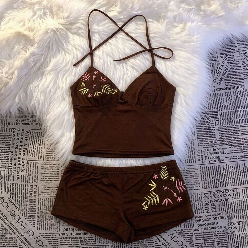 Summer Harajuku Hip-hop Holiday Style Girl Fashion Hanging Neck Bareback Women's Embroidered Tank Sexy Leisure Top Shorts Set