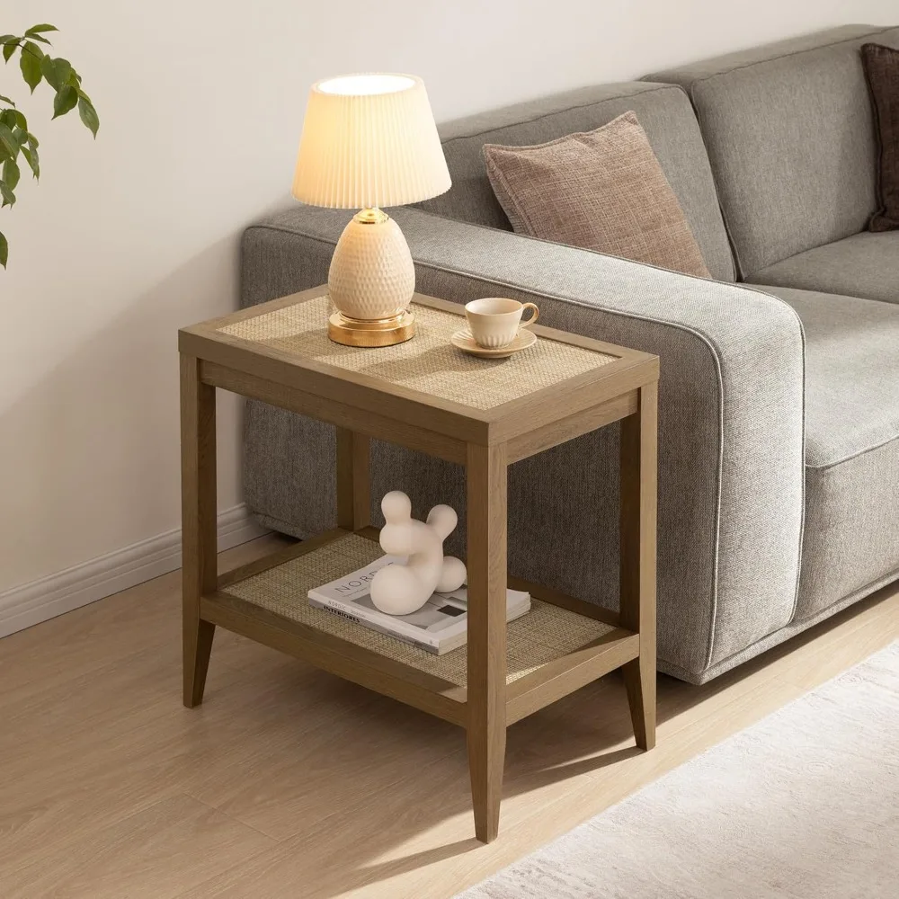 

rattan night stand bedside table - farmhouse boho narrow end table for living room - accent side table with 2 rattan open stora