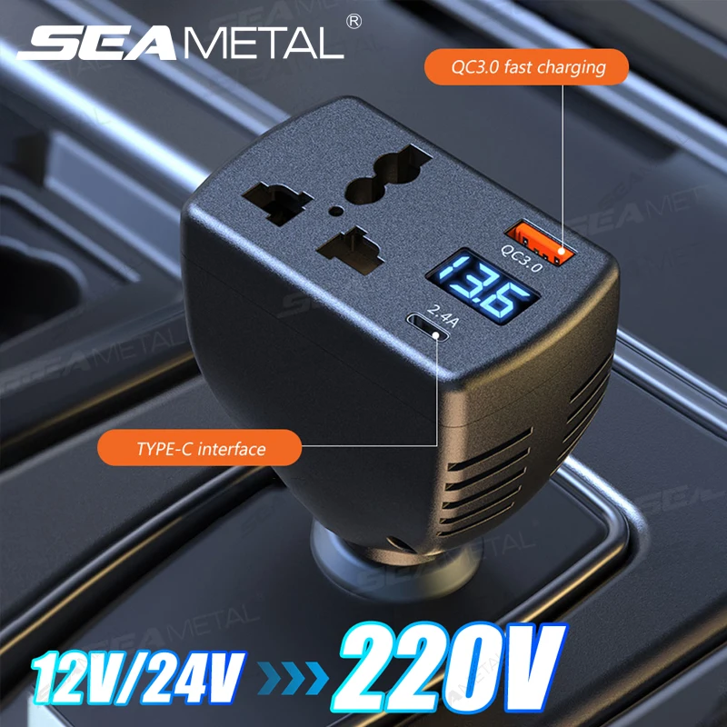 SEAMETAL 150 واط عاكس طاقة السيارة تيار مستمر 12 فولت/24 فولت إلى التيار المتناوب 220 فولت ولاعة السجائر محول مع QC3.0 USB ميناء شاحن محول طاقة