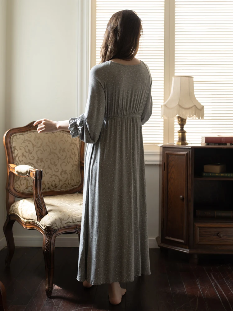 Belamimi French-Style Women's Sexy Nightgown with Chest Pad Long-Sleeved Modal Comfortable Cotton Pajama for Home Wear 2