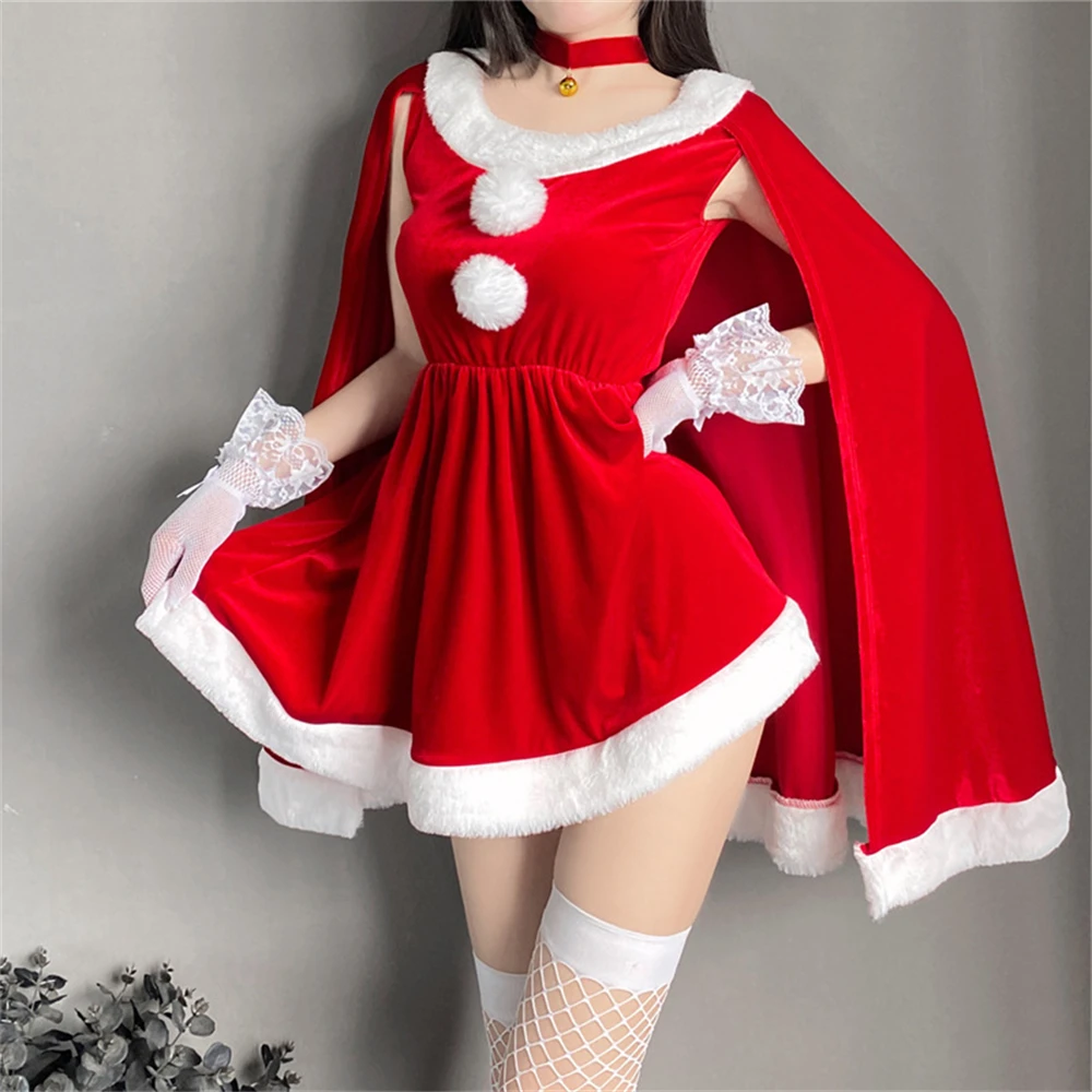 

Christmas Cosplay Costume Women Santa Claus Velvet Dresses Outfits Girls Lingerie Carnival Party Role-playing Fancy Dress-up Set