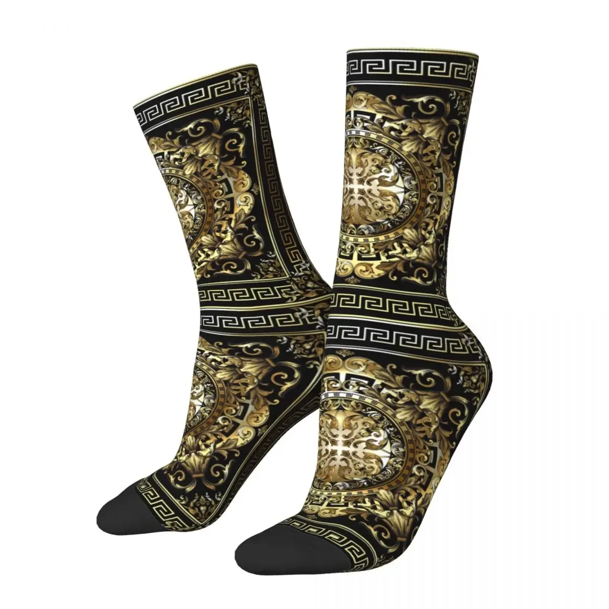 Autumn Winter Retro Unisex Ornate Baroque Black White Gold Black Greek Key Socks Breathable Middle Tube Socks