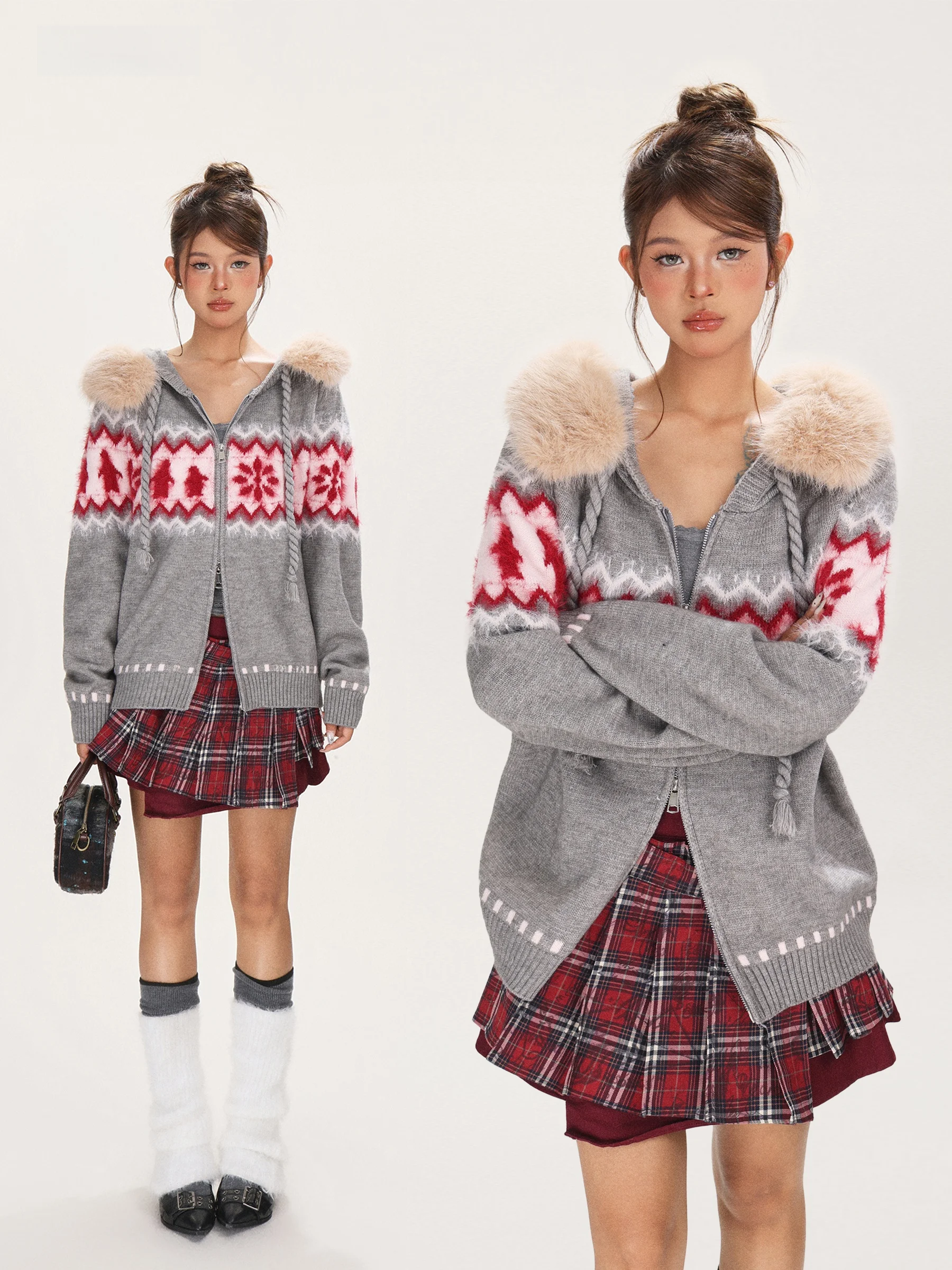 

Утепленный вязаный кардиган женский зимний с меховым воротником, повседневный свободный свитер с капюшоном, мягкий трикотаж на молнии с длинными рукавами