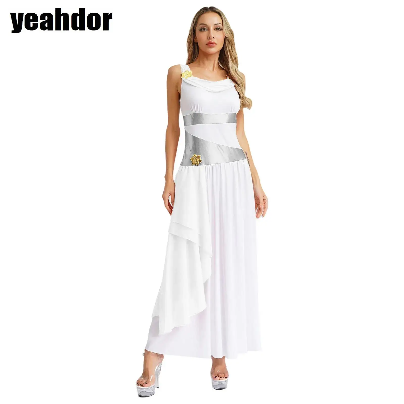 

Women Ancient Greek Toga Dress Grecian Queen Cosplay Costume Sleeveless Color Block Chiffon Dress Carnivals Halloween Role Play
