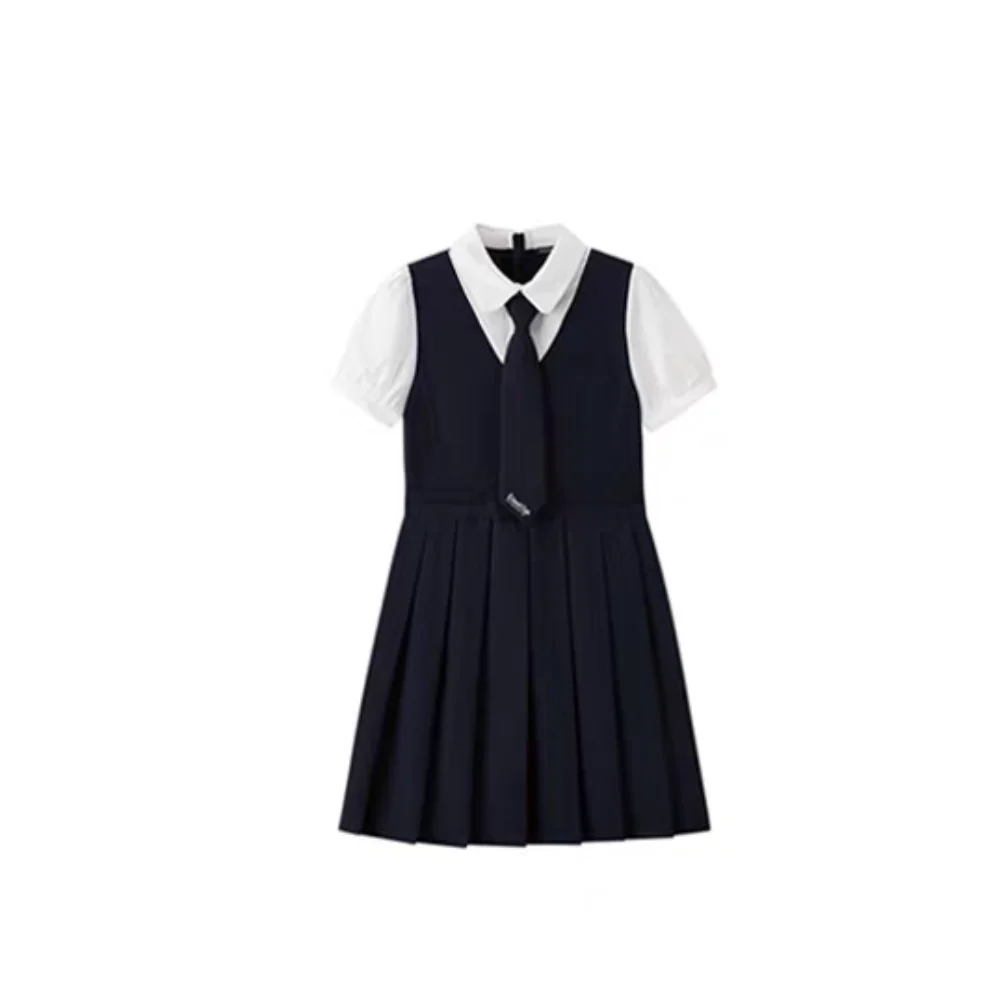 Loose Pleated Fake Two Dress Preppy Style Short Sleeve Summer Girls Dresses Teenagers Skirts Children A-line Dress Students