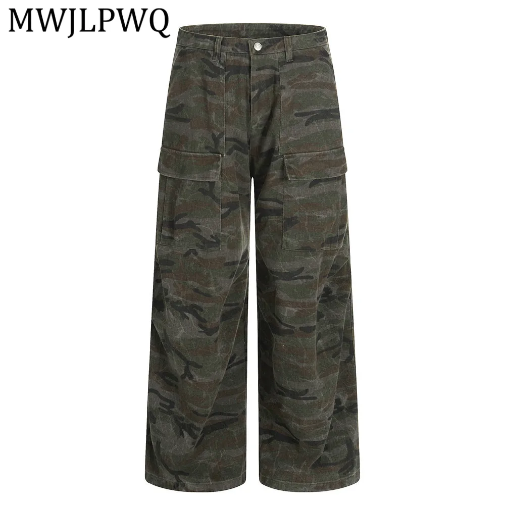 

MWJLPWQ Vintage Camouflage Workwear Denim Trousers Men's Loose Wide-Leg Pleated Design Street Multi-Pocket Straight Jeans 15109