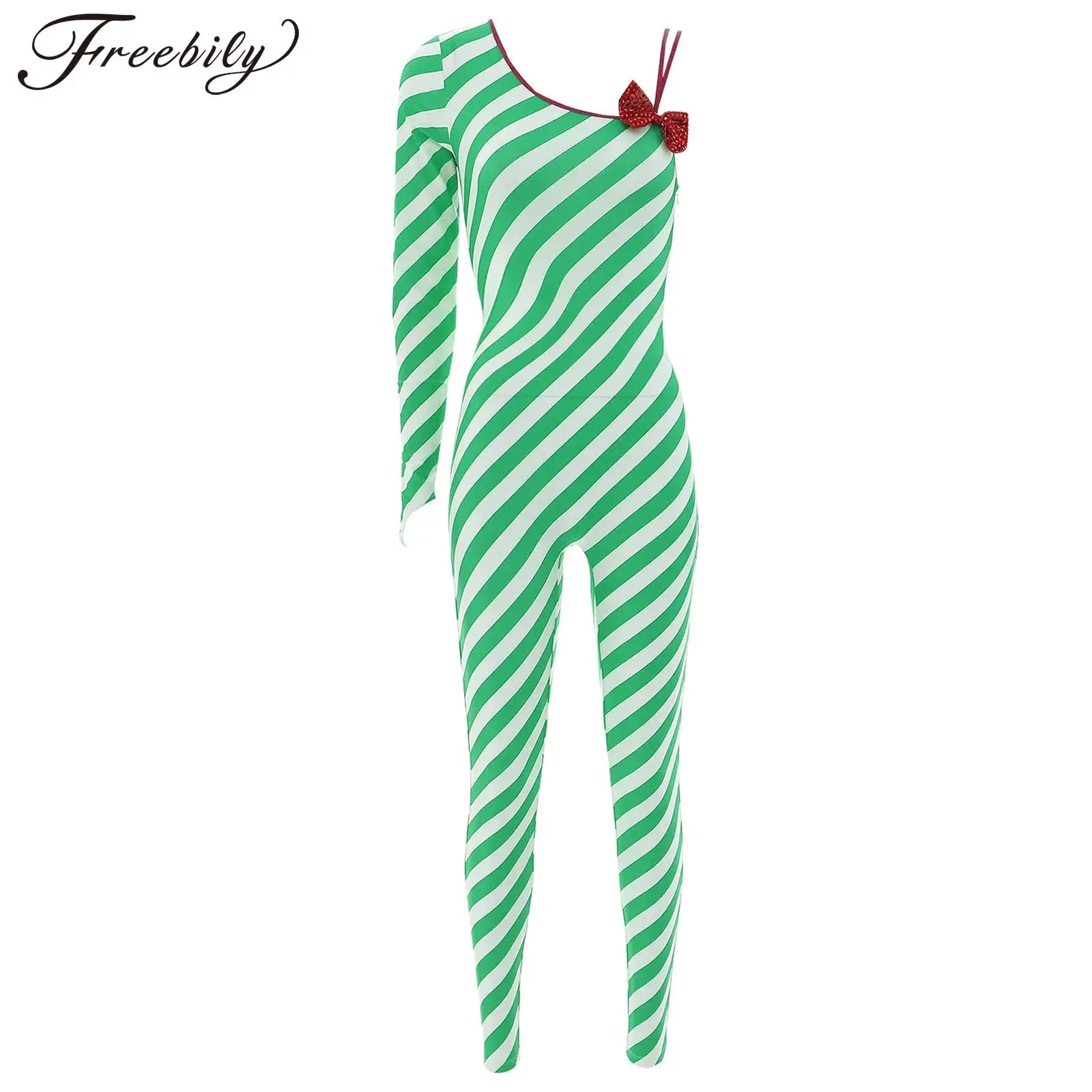 Women Adults Cosplay Candy Cane Costume Striped One-piece Christmas Jumpsuit Unitard Ballet Gymnastics Leotard Xmas Bodysuit