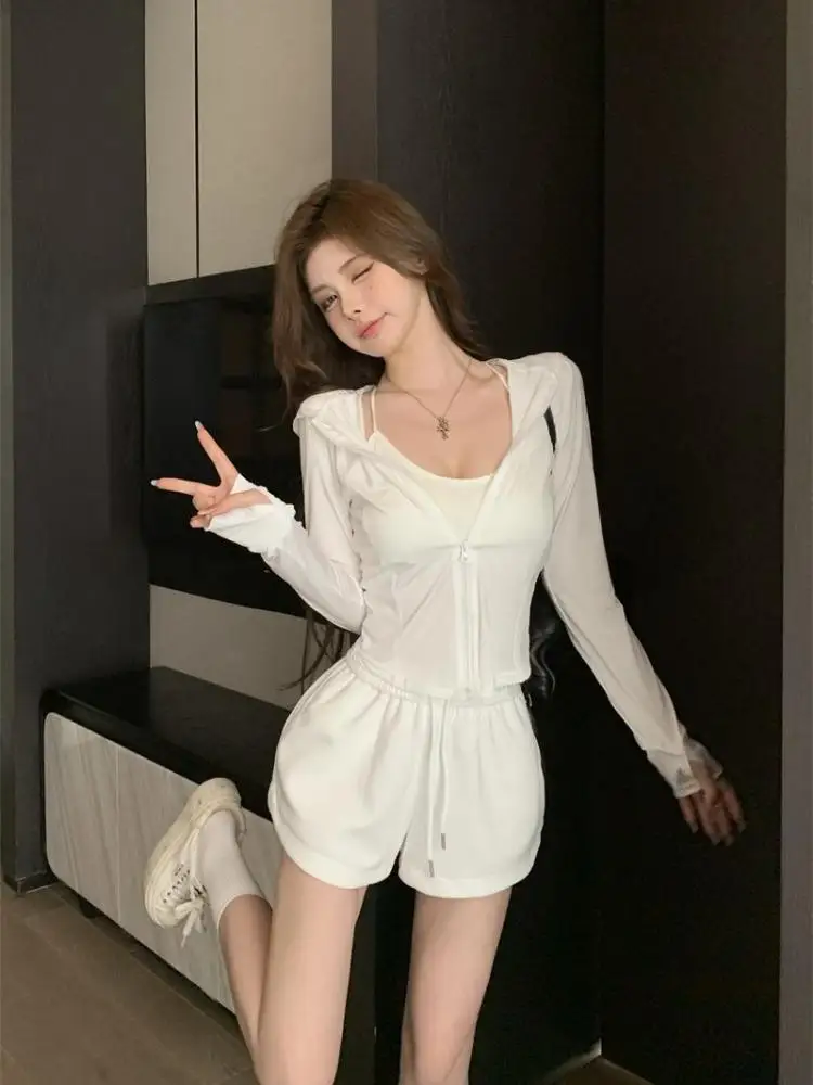 여름 여성 솔리드 긴팔 후드 지퍼 가디건 자외선 차단 탑과 하이웨이스트 섹시 드로스트링 반바지 2025 투피스 세트
