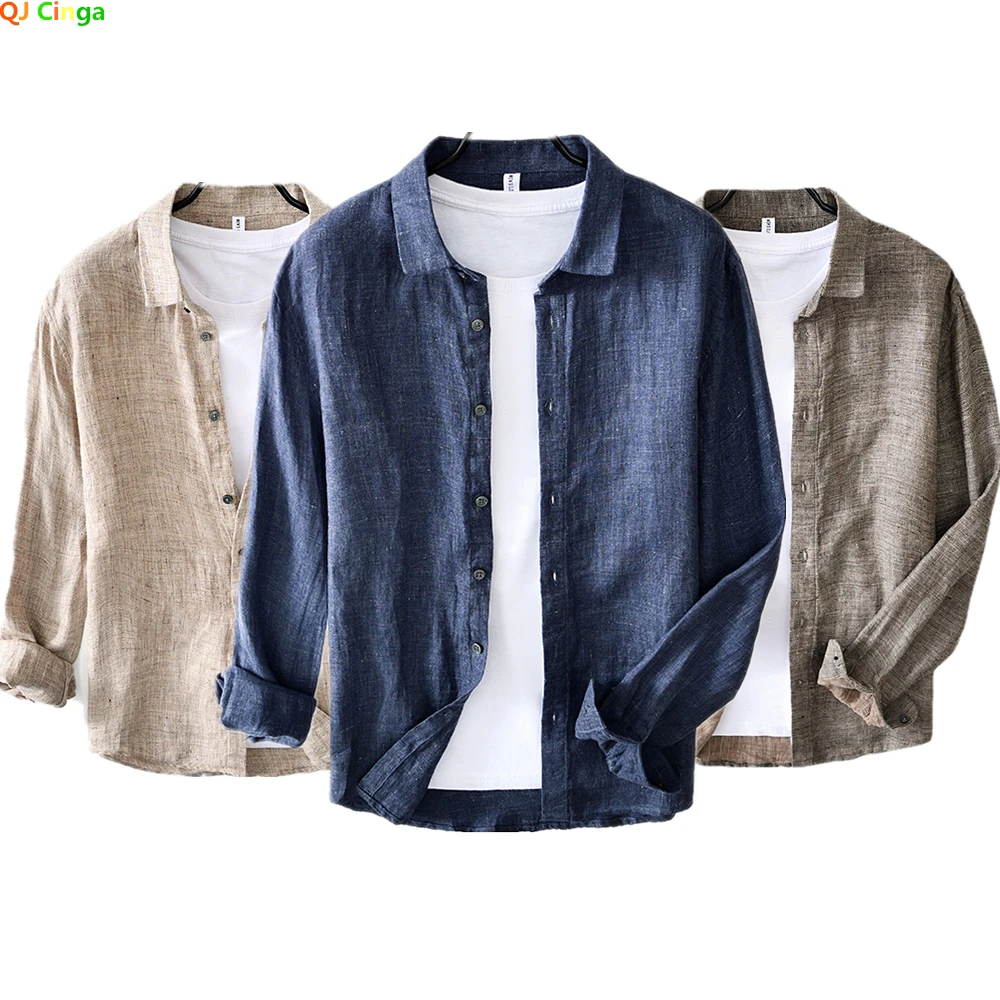 

Japanese Retro Casual Linen Long-sleeved Shirt Men's Summer Loose Breathable Shirt Dark Blue Khaki Hemp Color Camisa Men Chemise