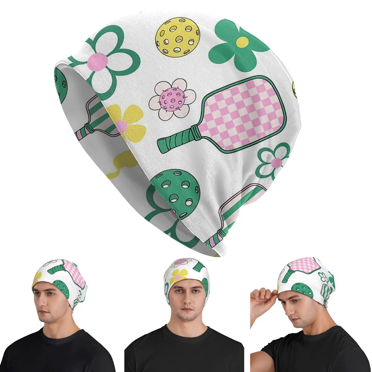 

Pickleball Pattern, Pickleball Paddle, Pickleball Ball Skullies Beanies Hats Warm Autumn Winter Outdoor Cap Knitted Bonnet Caps
