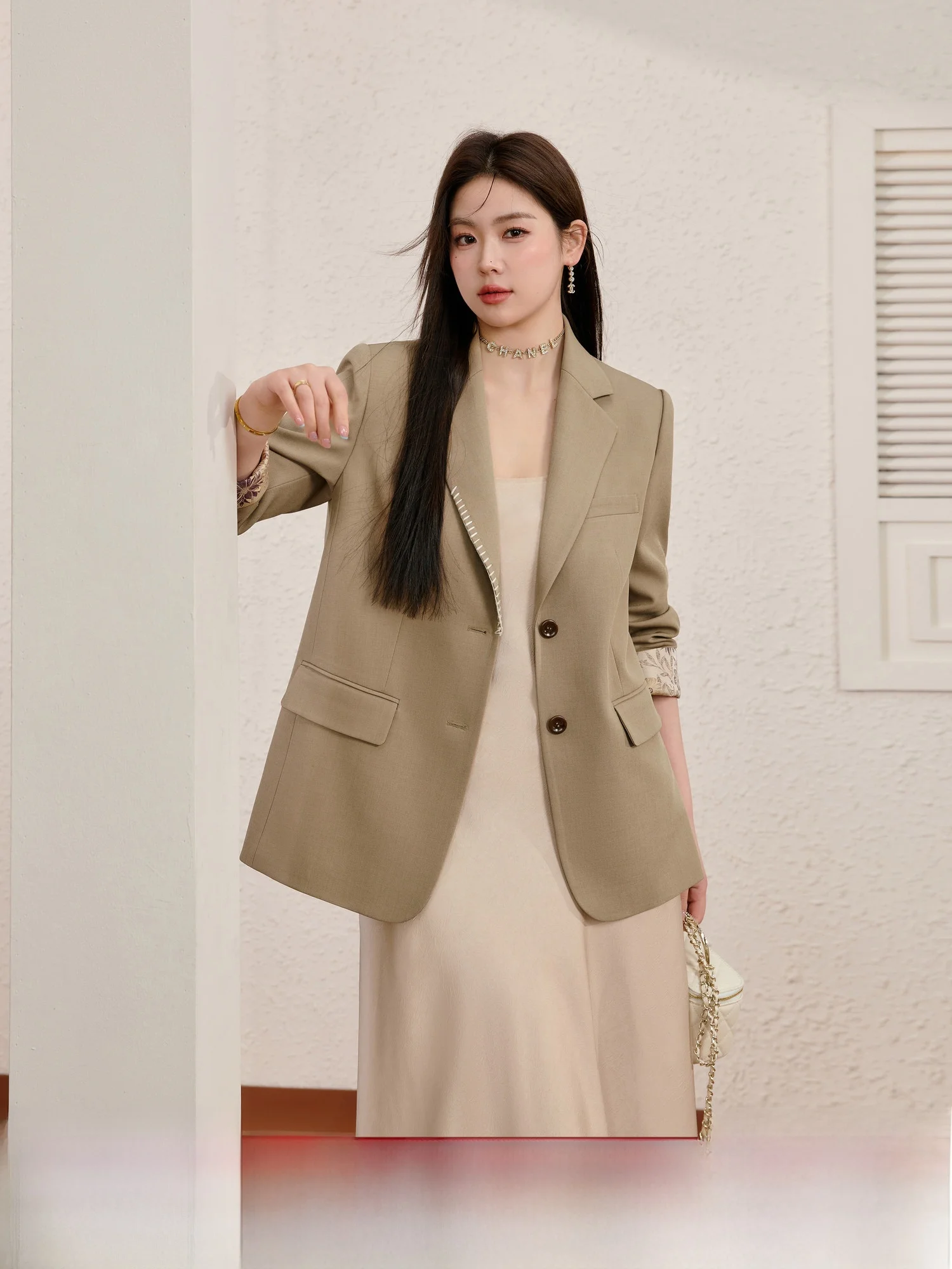 

Blue Language plus Size Women's Ele High-End Structured Jaet Spring Loose Slimming National Sle Splicing Top