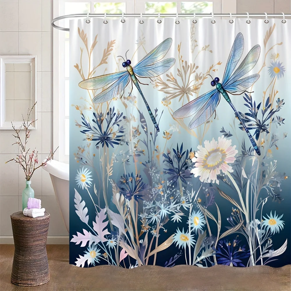 Elegant Waterproof Dragonfly Floral Shower Curtain - Durable, Easy to Install with Hooks, Perfect Bathroom Decor Upgrade