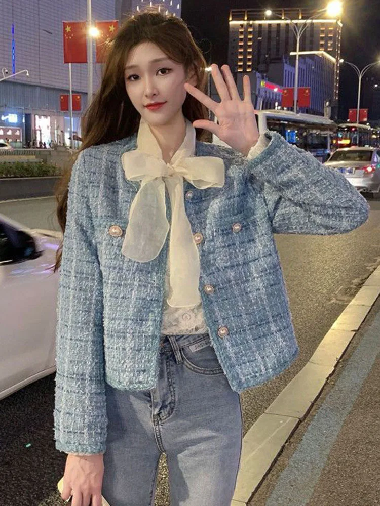 Korean O-neck Tweed Cropped Jackets Tops Women Casual Loose Single Breasted Abrigos Fall Winter Chic Long Sleeve Coats Blusas