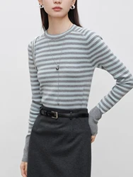 ZIQIAO Petite Size Versatile Striped Wool Knitted Sweater for Women 2024 Autumn Winter New Collection Pullover Layered Top