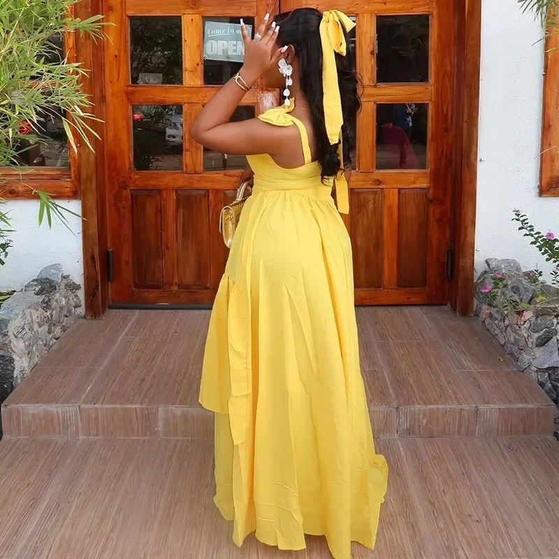 فستان طويل أنيق مع القوس السباغيتي حزام أصفر فاتح مثير حمالة ثوب مسائي أنيق للنساء بالجملة دروبشيبينغ