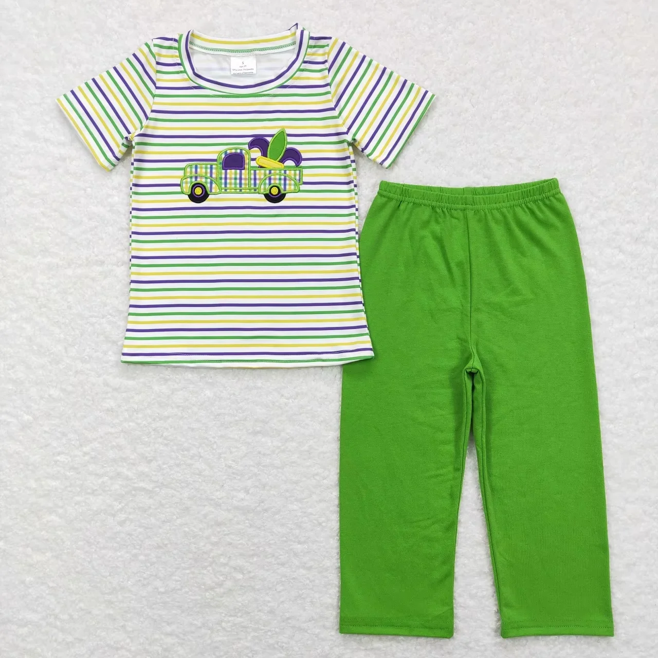 Wholesale Kids Mardi Gras Set Baby Boy Girl Short Sleeves Embroidery Trucks Stripes Tops Toddler Children Cotton Pants Outfit