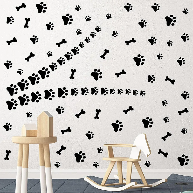 5Sheets Black Animal Footprints Wall Sticker, Children's Room Cartoon Bones Wall Stickers Kindergarten Self-adhesive PVC