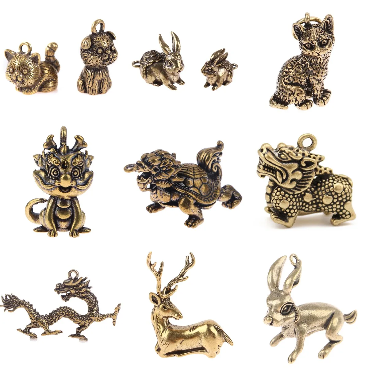 Pure Copper Cat Rabbit Dragon Figurines Miniaturs Vintage Animal Statue Home Decor DIY Key Chain Jewelry Hanging Oranment Craft