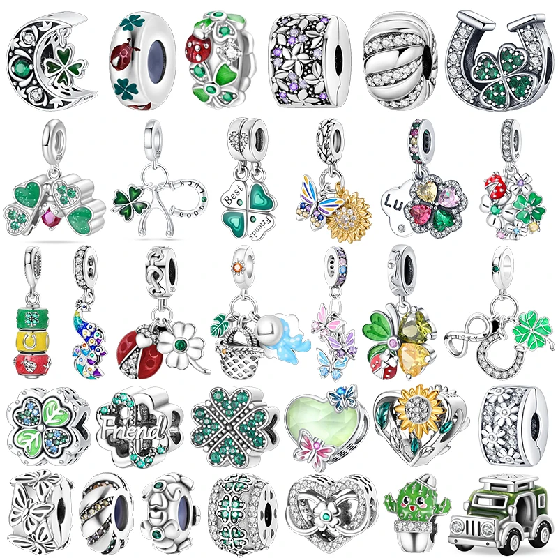 925 Sterling Silver Green Series Green Four Leaf Pendant DIY Fine Beads Fit Necklace Charms Bracelet Women Jewelry Diy Making