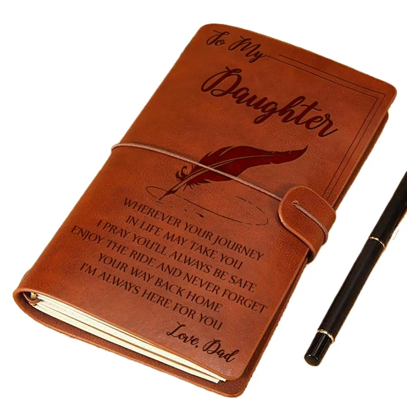 New Vintage A6 Brown Craft Paper Notebook "To My Daughter Love Dad" Engraved Leather Journal Notebook Diary Gift