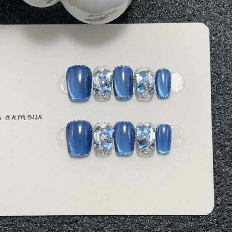 Handmade Press on Nails for Girls Short Woman Square False Nails Set Blue Cat Eye Reusable adhesive Nail Tips with Box and Tools