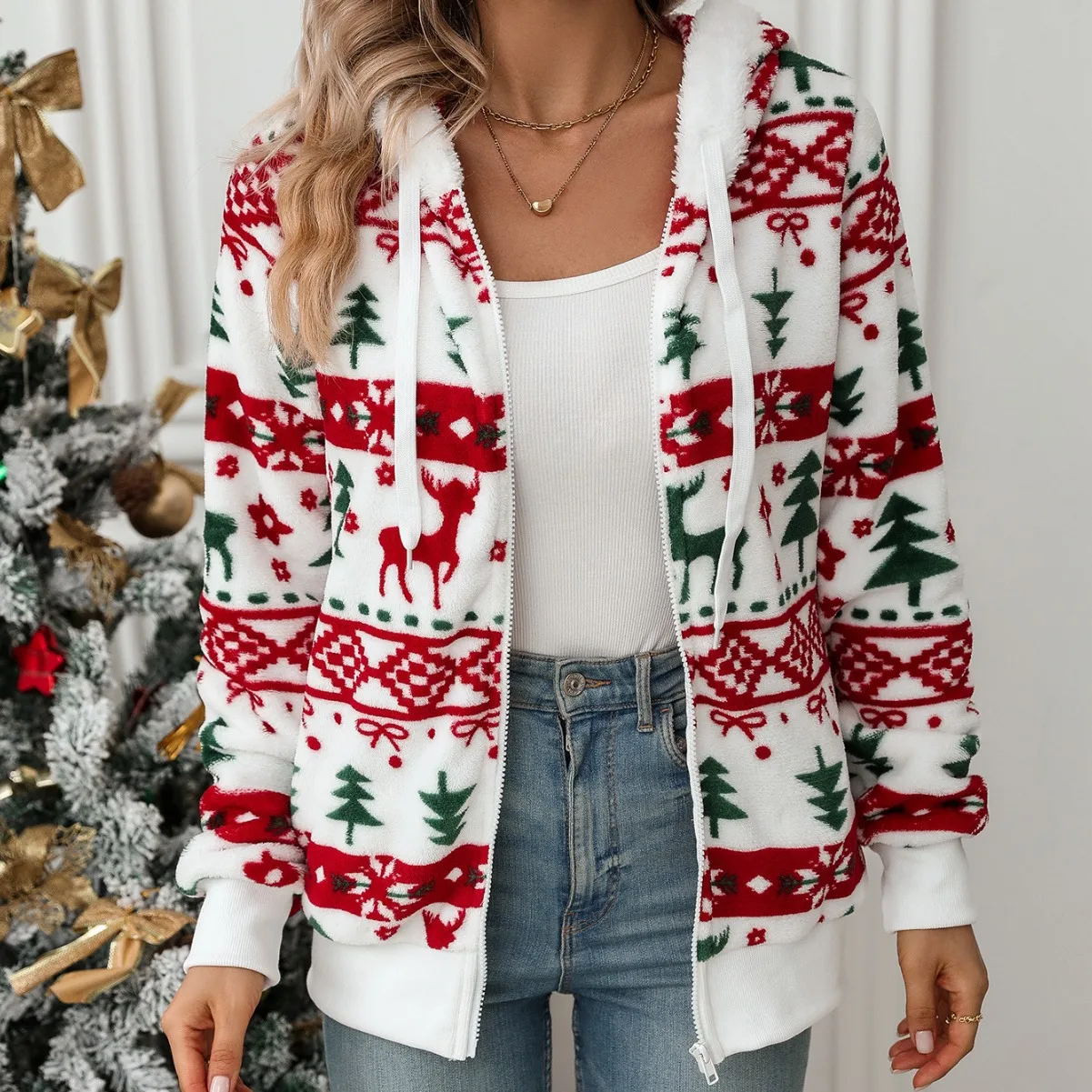 

2025 Women Christmas Print Plush Cardigan Long Sleeve Holiday