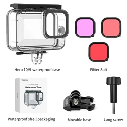 TELESIN-estojo impermeável para gopro hero, capa com filtro de mergulho, câmera de ação, mergulho subaquático, 12, 11, 10, 9