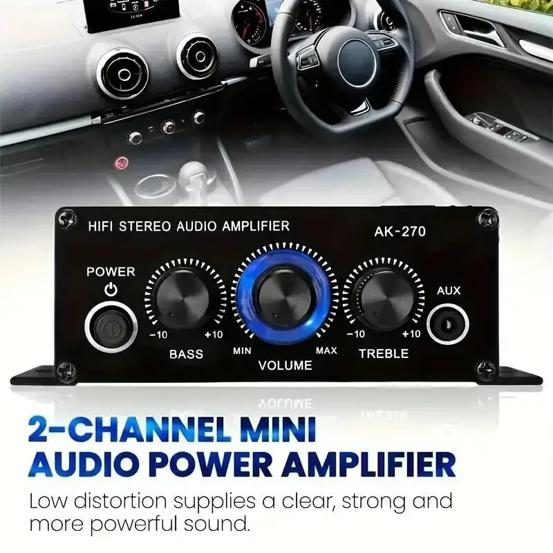 12V Mini Audio Amplifiers for Car Digital Sound Amplifier for Home Car Channel 2.0 Power AMP Support Treble Bass AUX input AK270