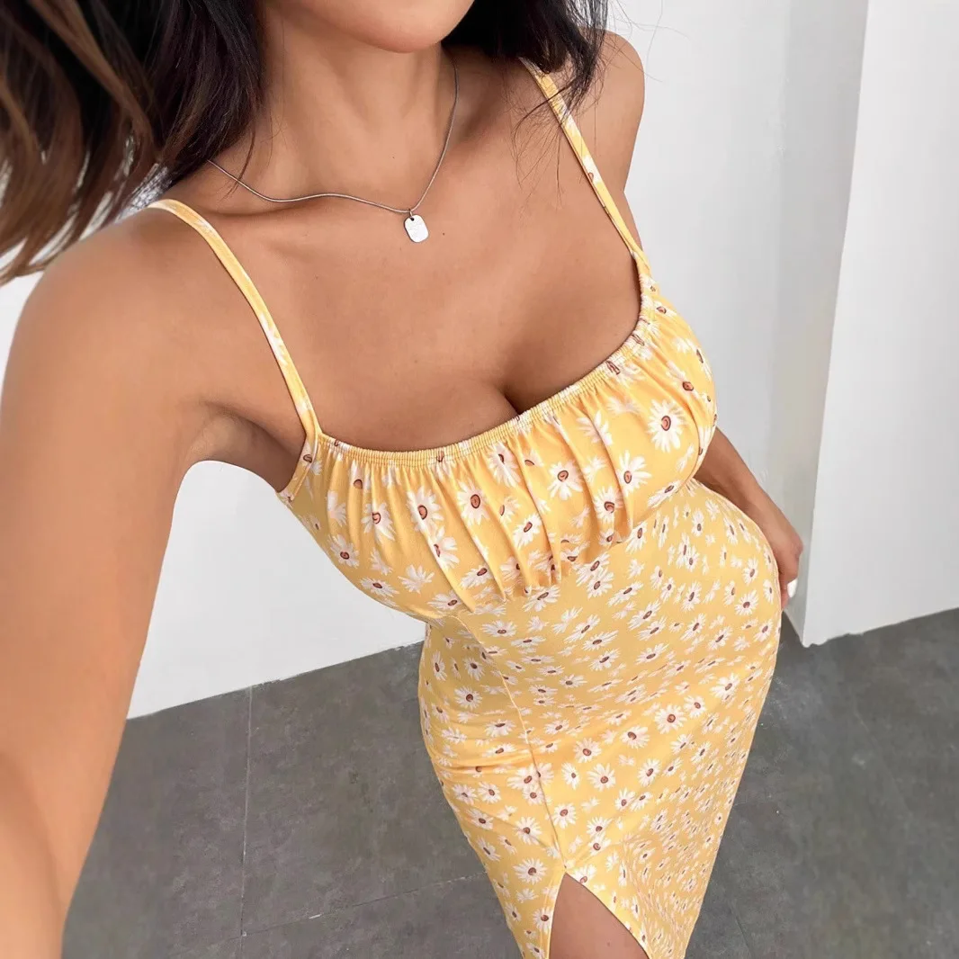 2025 Wiosna/lato Sukienka damska z szelkami, owinięta w klatkę piersiową, rozcięcie, mała stokrotka, nadruk owinięty biodrami, sukienka średniej wielkości