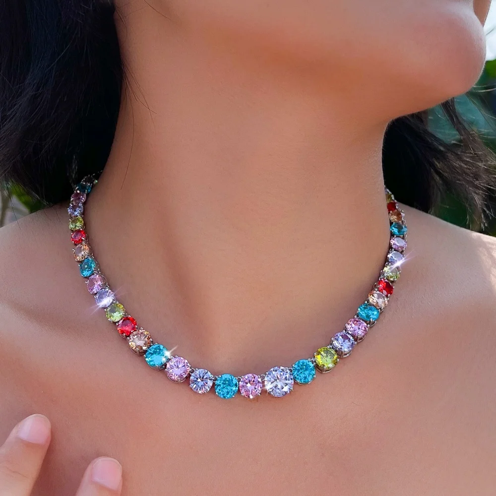 CWWZircons Round Cut CZ Tennis Necklace Iced Out Single Row Coloful Zirconia Chain Necklace for Men Women Hip Hop Jewelry DZ0109