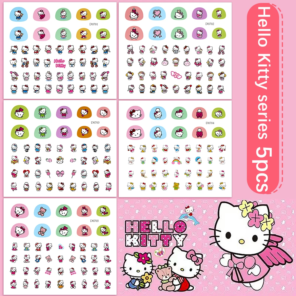 5PCS Set Kawaii Sanrio Series Nail Sticker Hello Kitty Kuromi Melody Cartoon Nail Decals Decoration Press on Nails for Girls