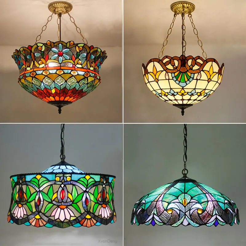 

Tiffany Stained Glass Pendant Lights Vintage Mediterranean Hanging Lamp for Kitchen Dining Room Light Fixtures Home Loft Decor