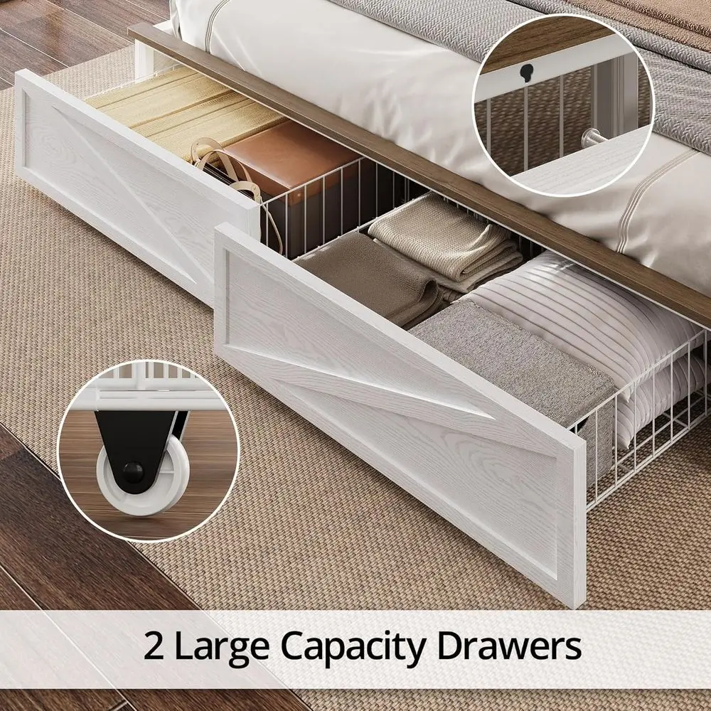 سرير تخزين بإضاءة LED بحجم كينج مع قاعدة شحن ودرجين، نمط باب الحظيرة الخشبي الأبيض #6