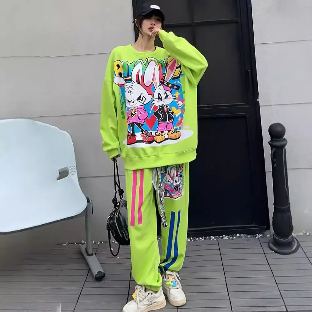 Oversized Casual Exercise Suit Spring Autumn Street Hipster Graffiti Cartoon Sweatshirts and Sweatpants 2 Piece Sets Women