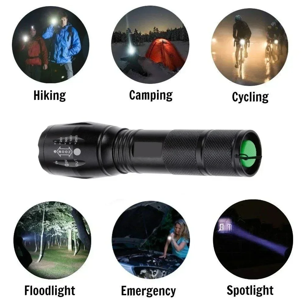 Potente torcia a LED portatile Torcia tattica impermeabile per esterni con zoom telescopico Lanterna di emergenza per escursionismo da pesca all'aperto