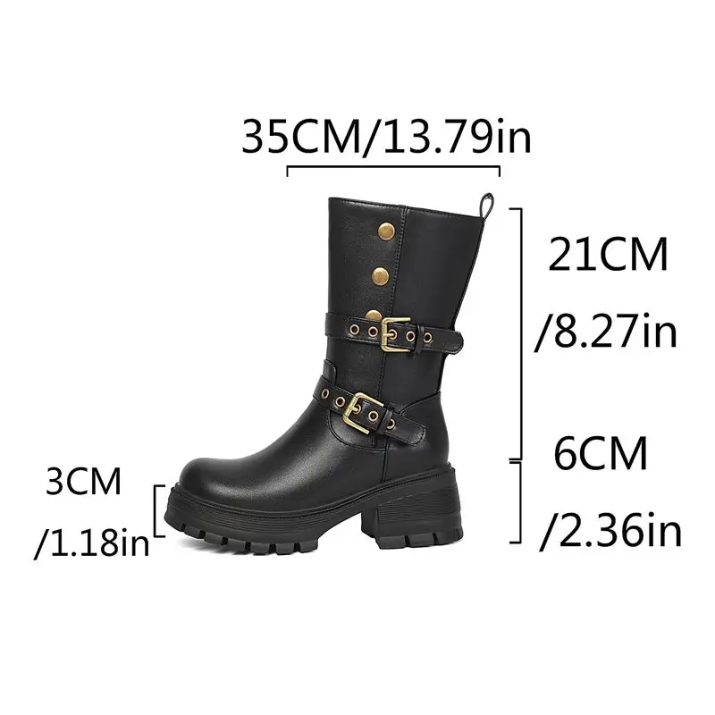 REAVE CAT Black Flock Suede Women Mid Calf Boots Round Toe 6cm Block Heel 3cm Platform Zipper Belt Buckle Big Size 43 Handmade