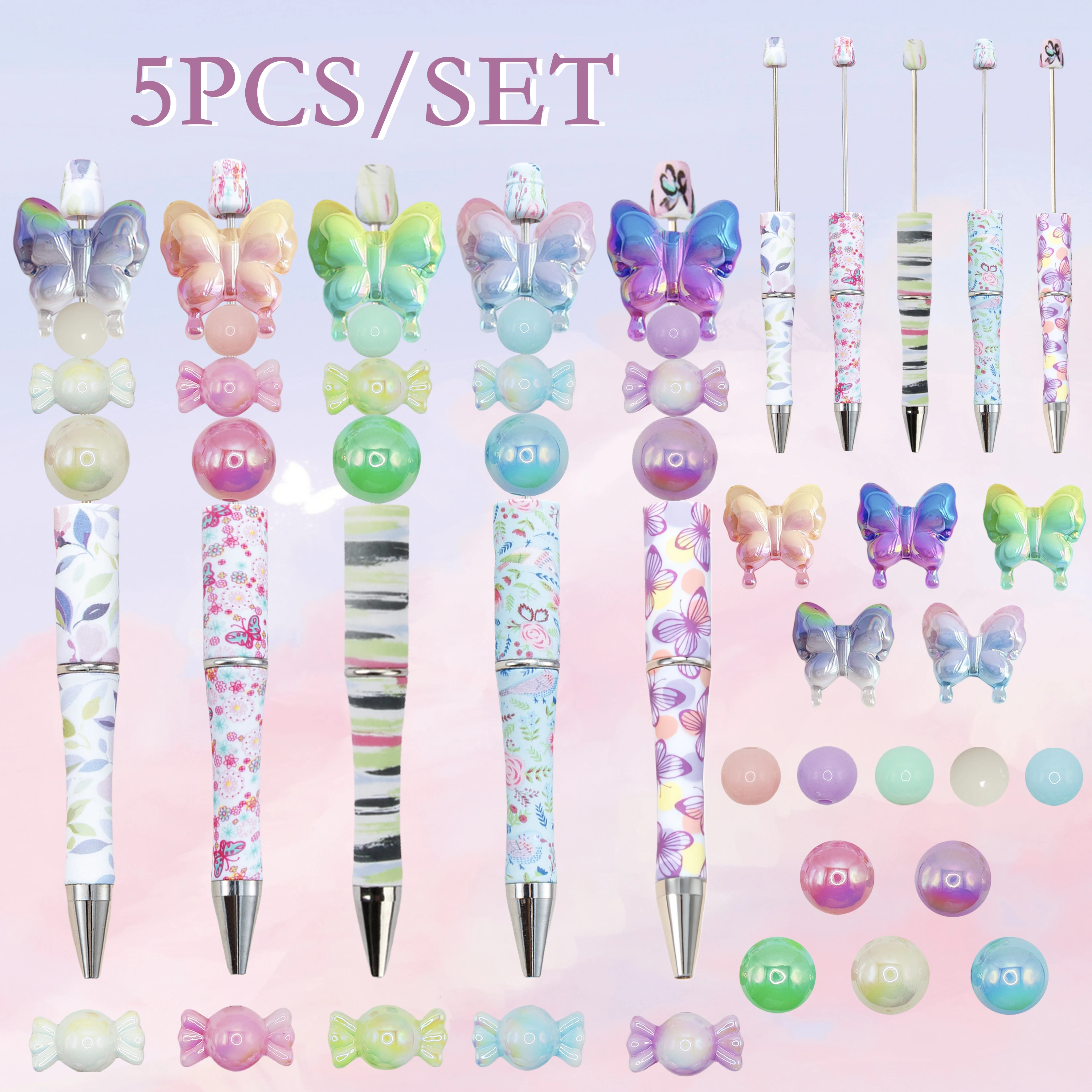 

5PCS New DIY Acrylic Colored Butterfly Candy Shaped Bead And Bead Ballpoint Pen Set, Suitable For Office& School Suppies