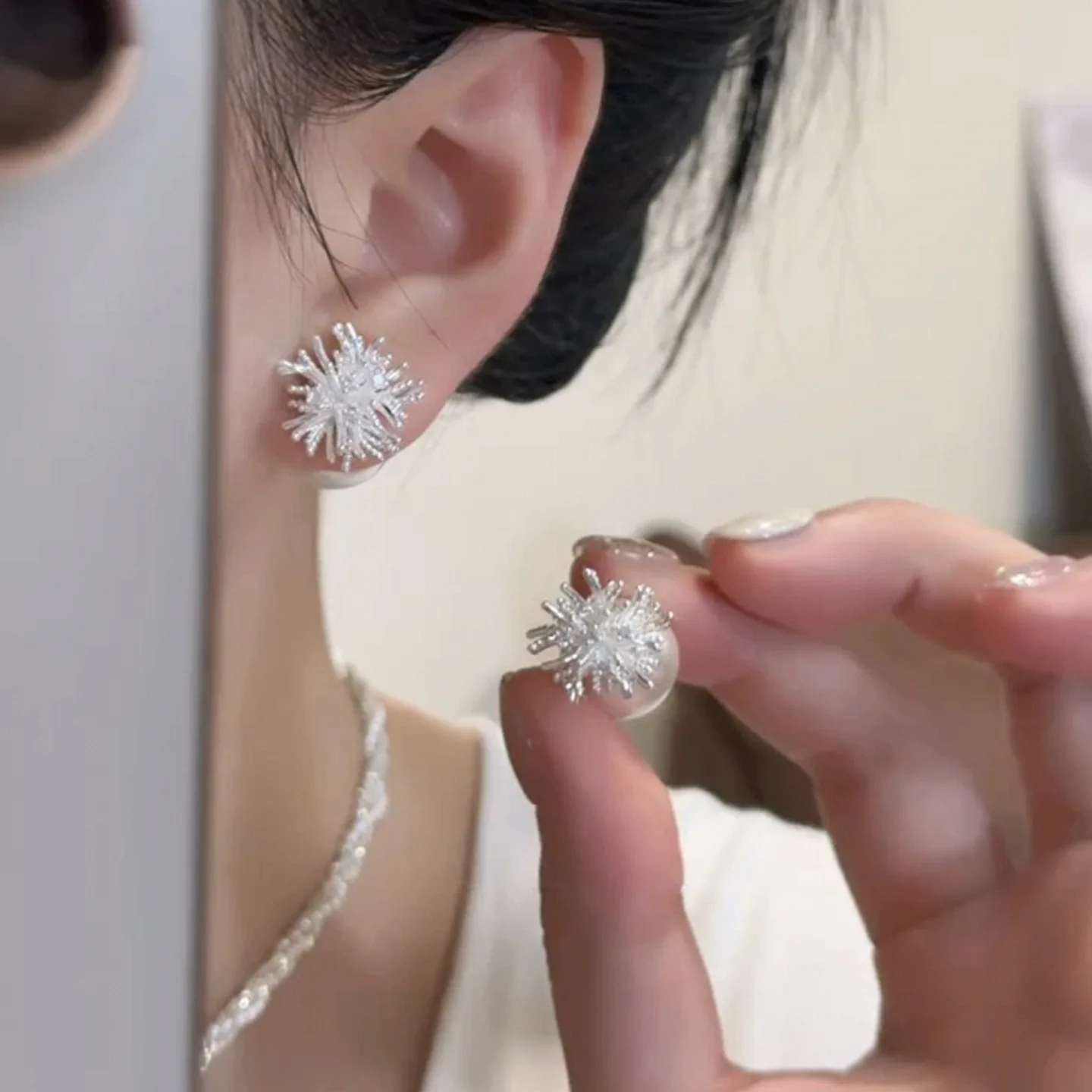 Convertible Pearl Stud Earrings Silver Dandelion Floral Modern Elegant  Durable Hypoallergenic Post Office Daily Wear Women