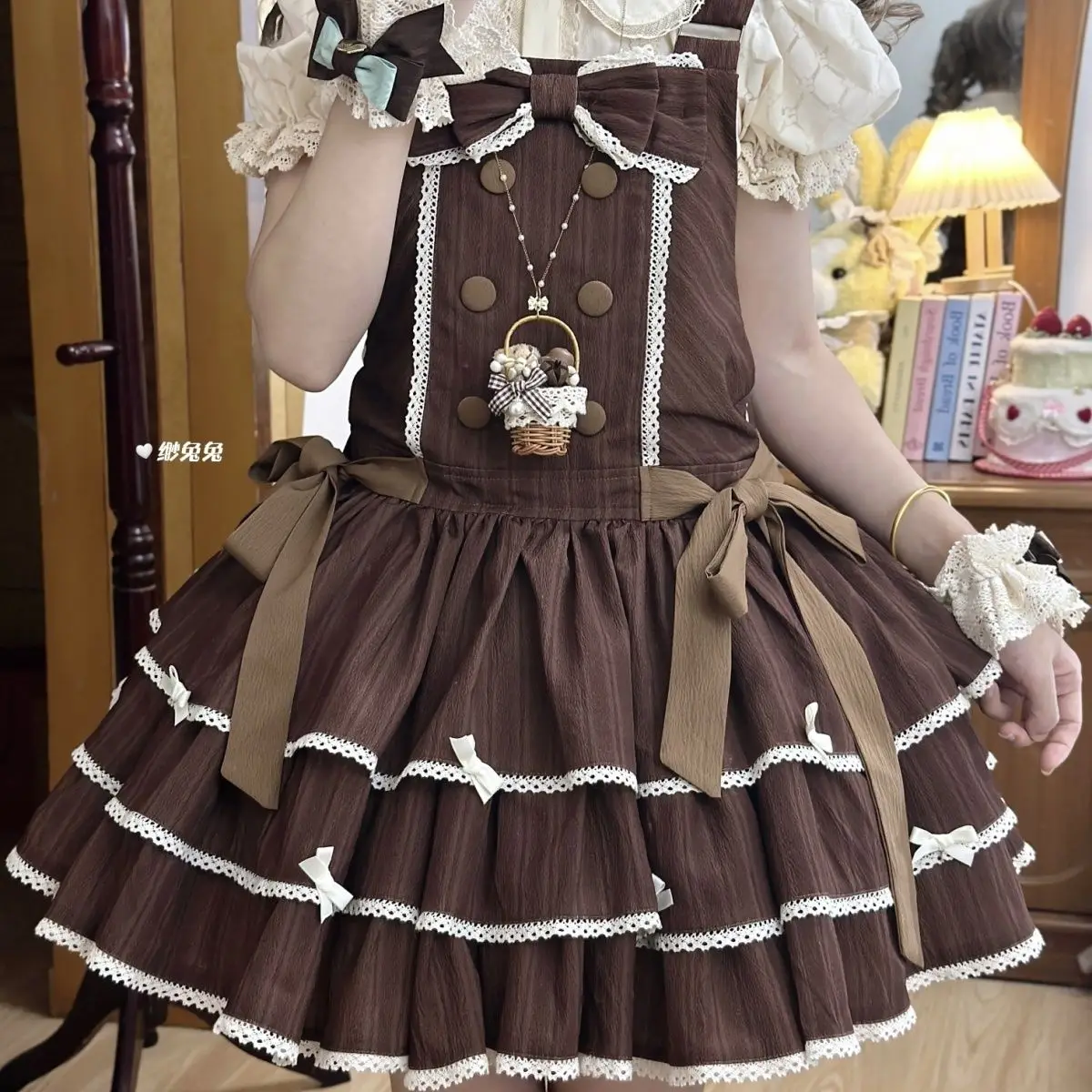 Coalfell Original Lolita Gonna con cinturino carino a righe al cioccolato Abito estivo Jsk in cotone a tre strati