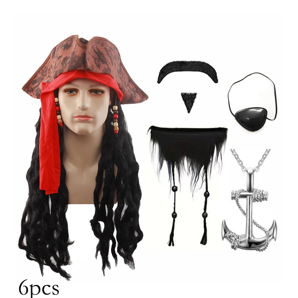 Adult Men's Caribbean Pirate Hat Wig Halloween Stage Performance Pirate Captain Costume Wig Party Accessories Jack Sparrow Wig