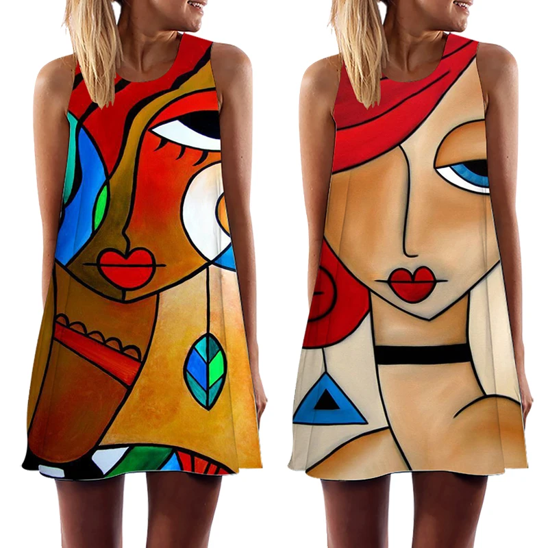 2023 Summer Women Vest Dress Sleeveless Abstract Face Art Printed O-Neck Mini Dresses for Female Casual Sweet A-Line Vestidos