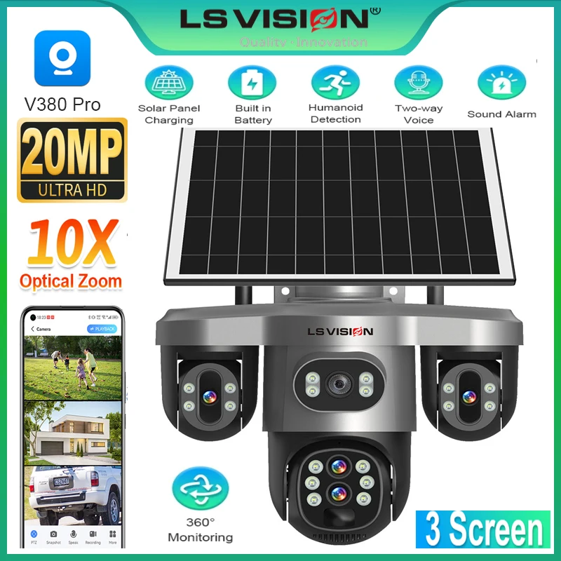 LS VISION Solar Outdoor Surveillance Camera 4g Sim /Wifi Three Picture 3/4 Lens 10X Optical Zoom Cctv Solar Powered Battery PTZ