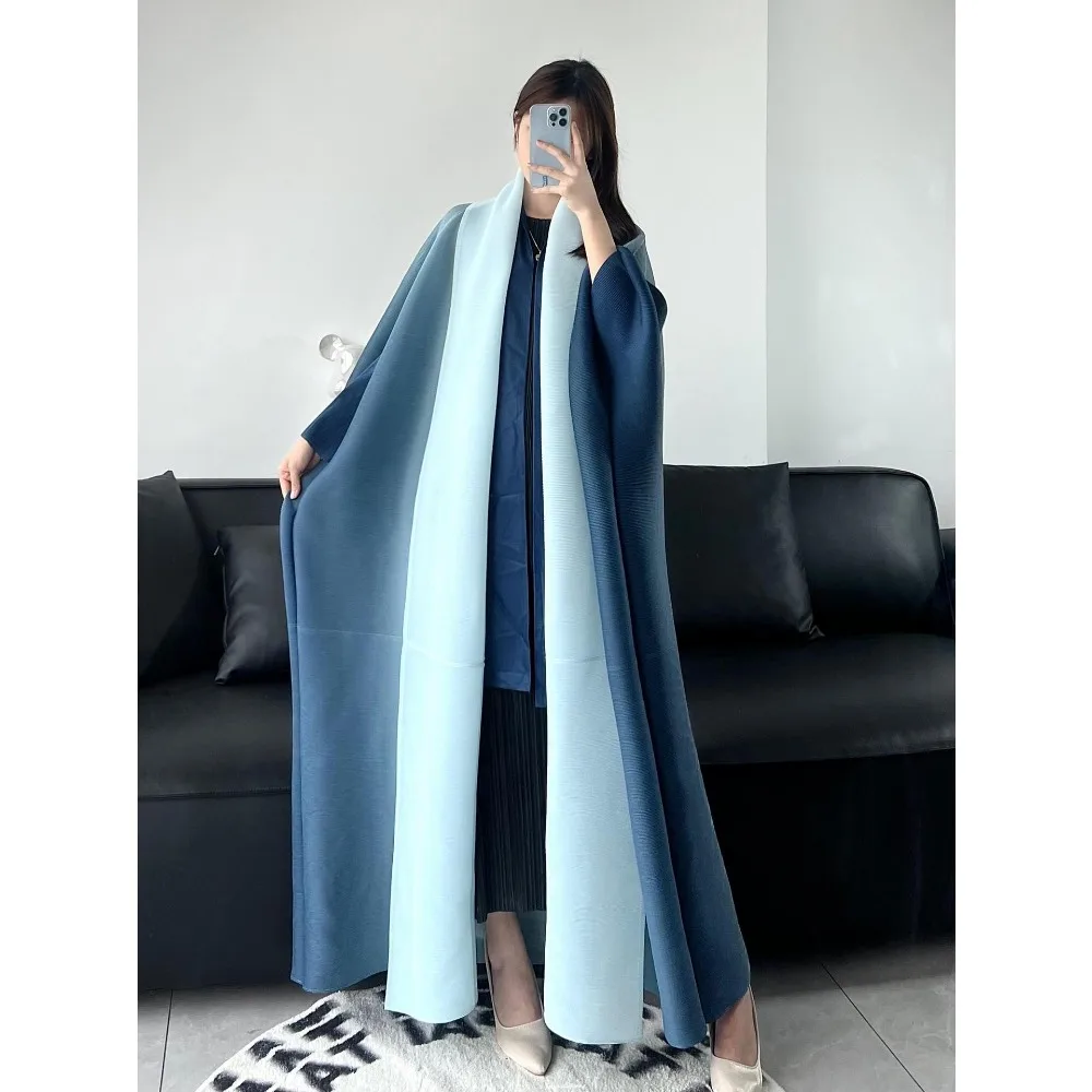 Middle East Fashion Robe Gradient Trench Coat Shawl Jacket Women\'s Pleated Casual Coat Long Scarf Tie Cardigan Long Sleeve