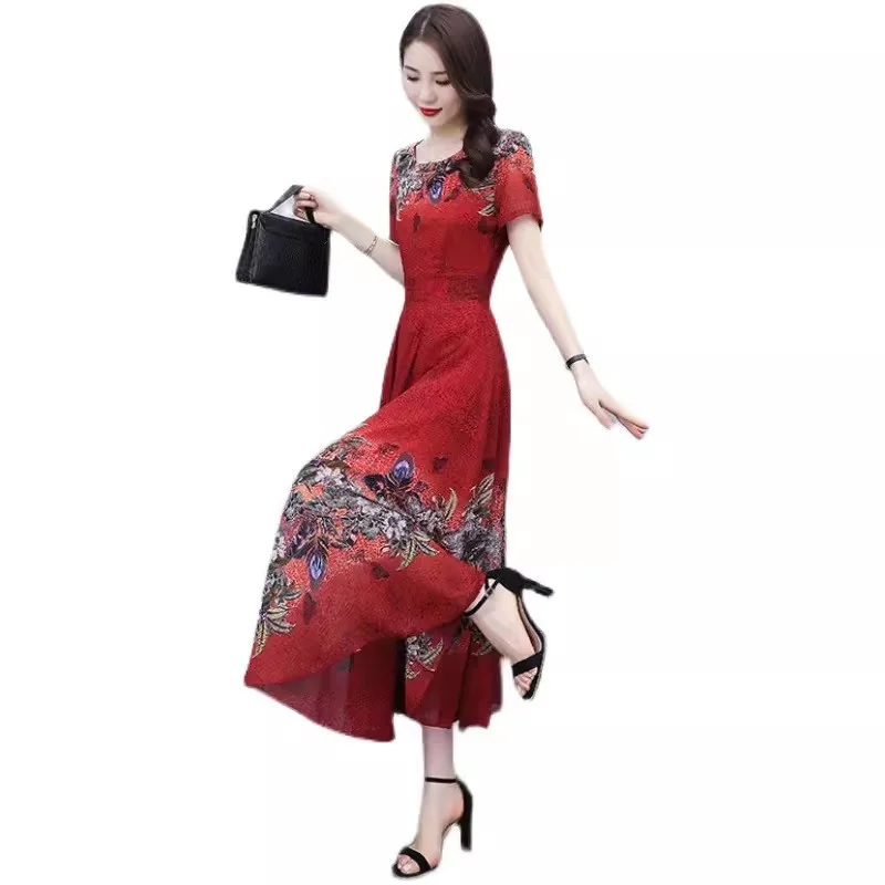 

Ladyship Summer New Fashionable Ice Silk Dress for Women to Reduce Age, Reduce Waist, Show Slim Temperament Trendy Long Skirt