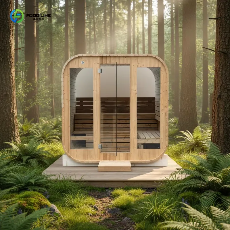 Customized Villa Outdoor Cubic Electric Sauna 6kW, Solid Wood Structure, Waterproof, Bakelite, Custom Capacity