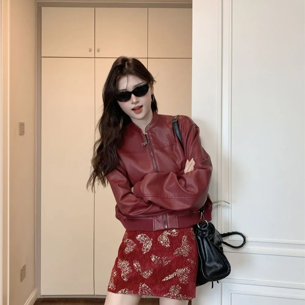 Vroege herfst Amerikaanse Sle ort rood leer Jaet dames high-end gevoel 2024 nieuwe kleine maat Jaet ritssluiting lange Sve