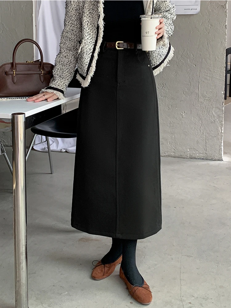 تنورة طويلة كلاسيكية عالية الخصر للسيدات 2025 تنانير صوفية شتوية دافئة مع حزام مستقيم سبليت لف ماكسي تنورة سوداء ورمادية للسيدات