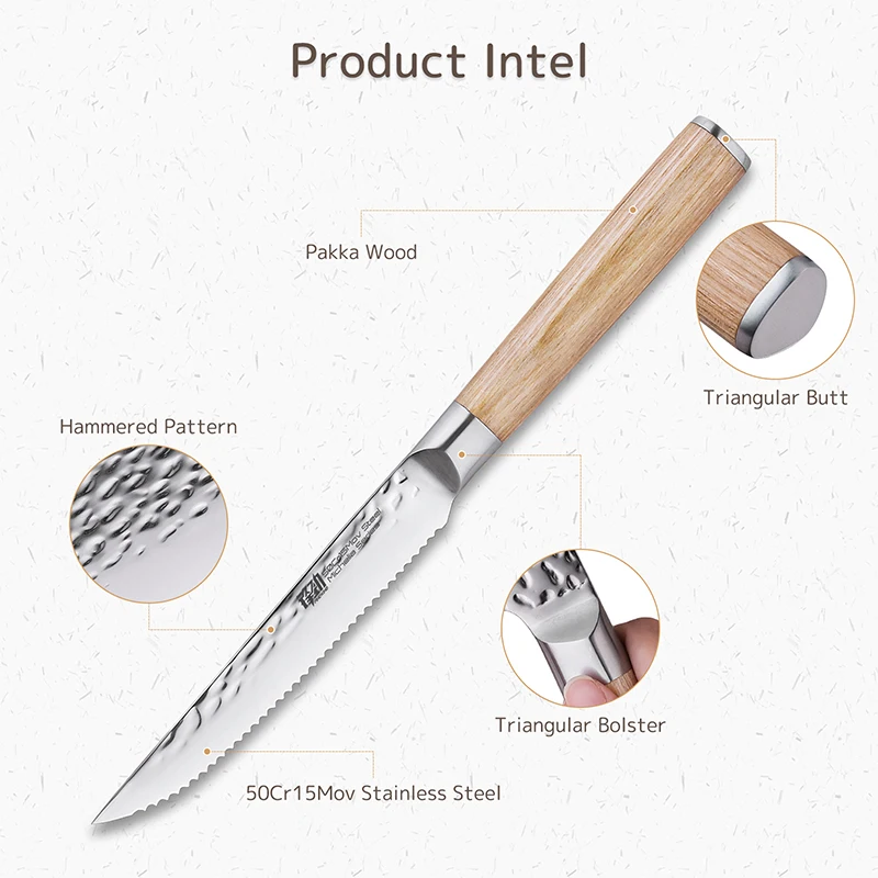 FINDKING Luxury 5 Inch Steak Knife Stainless Steel Serrated Steak Knife Set of 4 with Pakka Wood Handle