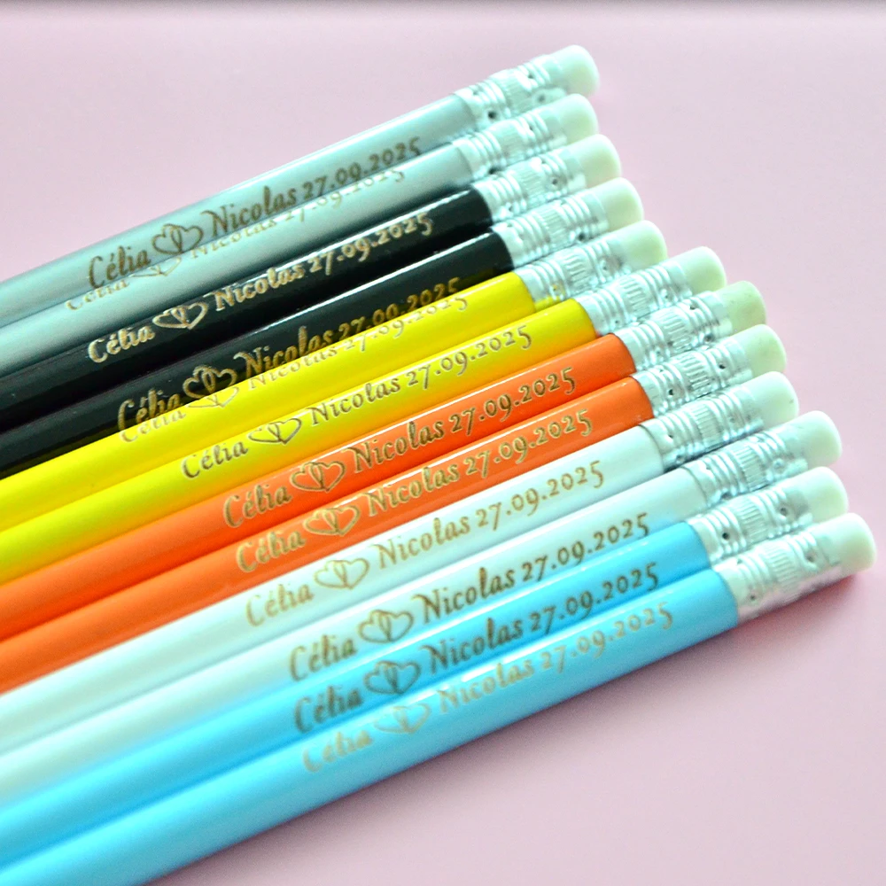 100pcs Personalized Colored Wooden Pencils Customized School Decor Pencil With Eraser Wedding Gift Favors Baby Shower Party view 3